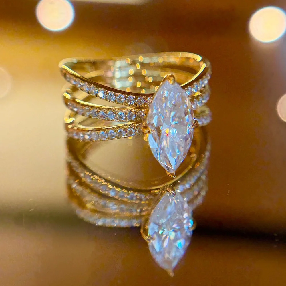 New Certified 18K Gold Plated S925 2CT Marquise Moissanite Stacked bridal Ring 7